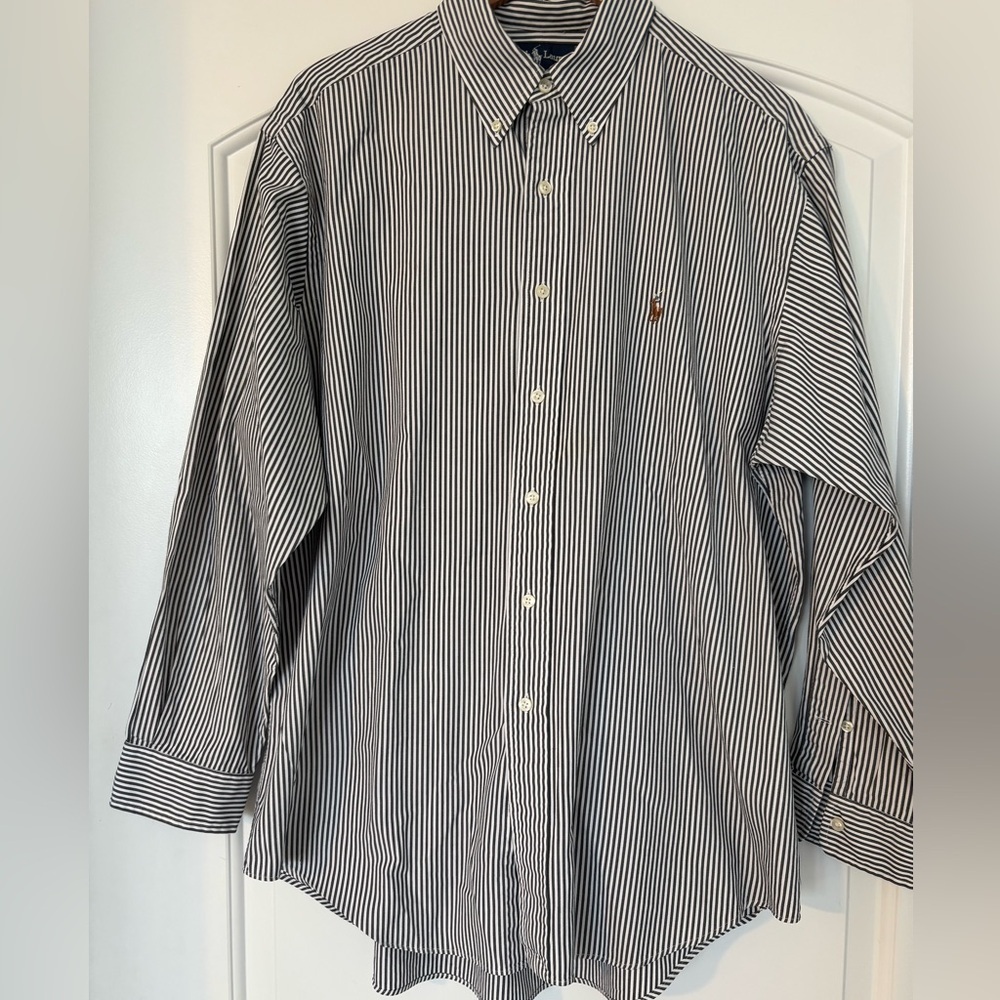 Ralph Lauren men’s 16.5-34 dark gray/White Striped button down Shirt flesh pony